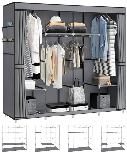 Stoffschrank, Faltbarer Kleiderschrank 45x170x175cm, mit Kleiderstange, Ablagen und Seitentaschen, Viel Platz,Kleiderschrank für Umkleideräume, Schlafzimmer, Aufbewahrung, Kleiderorganisation, Grau