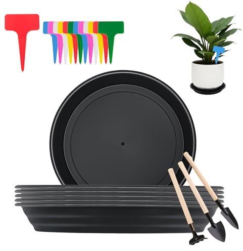Snowtain Lot de 5 Soucoupes pour Plantes,Plastique Soucoupes Pots de Fleurs avec Étiquettes pour Plantes pour Intérieur, Extérieur, Jardin - 19.7cm/Noir