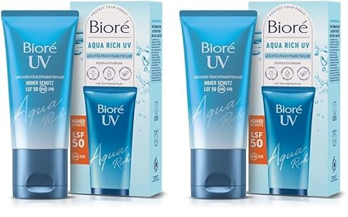 Biore Aqua Rich UV - Leichtes Feuchtigkeitsfluid für das Gesicht - Sonnenschutz - Lichtschutzfaktor LSF 50 - UVA/UVB - Funktioniert unter Make-Up - Nicht-fettend (Packung mit 2)