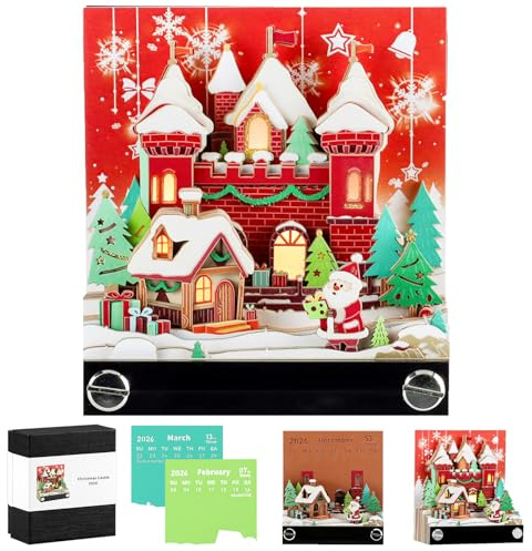 Aischens 3D Kalender Abreißen 2026, 3D Tischkalender mit LED-Lichtern,3D-Papierskulptur Weihnachts-Schneehaus, Kreative 3D Notizblock, DIY-Dekoration als Geschenk für Weihnachten und Geburtstage