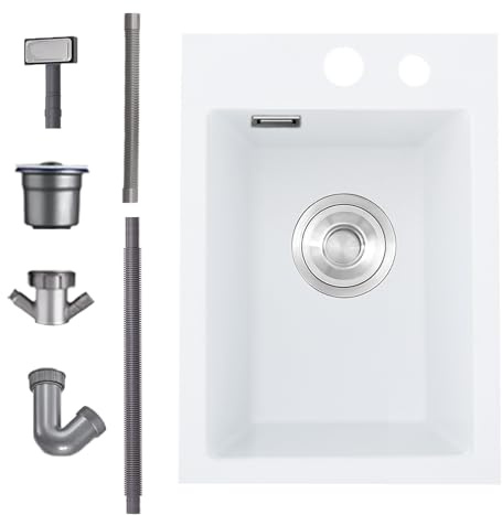 Bokaiya White Small Kitchen Sink, 35x45cm, Drop in Topmount Quartz Composite Kitchen Waste Kit, Deep Single Bowl Campervan Sink, with 2 Tap Holes and Siphon, Overfolw, Suitable for Workstation