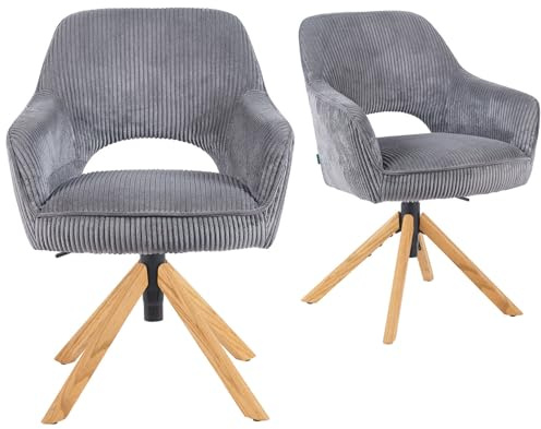 DUBI Möbel 2er Set Esszimmerstühle höhenverstellbar, Bürostühle & Konferenzstühle, 360° drehbar mit Taschenfederkern, ergonomisch gepolstert, Eichegestell, Cord-Stoff Grau, Modell Mika-Amia