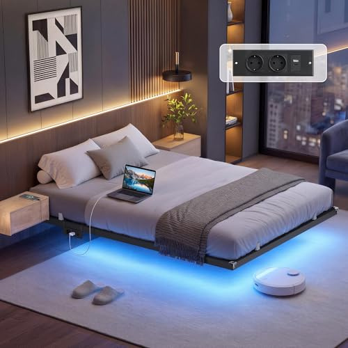 VASAGLE Bettgestell 140 x 200 cm, schwebender Effekt, LED-Beleuchtung | Abnehmbare Steckdosenleiste, 2 AC-Steckdosen, 1 USB-C-Anschluss, 2 USB-A-Anschlüsse, trägt bis 500 kg RMB174B101