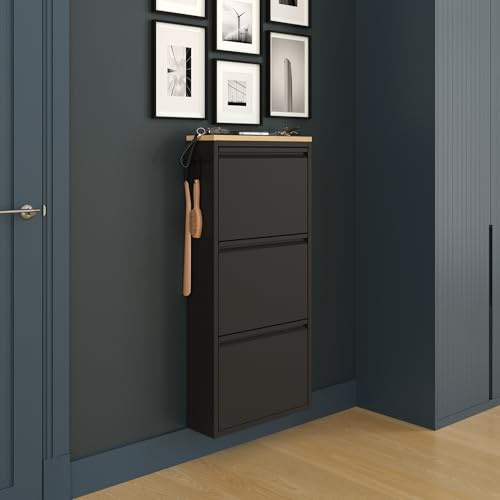 furni24 Schuhschrank Schmal – Platzsparender Metall-Schuhschrank mit Magnetklappen, Platz für 6-10 Paar Schuhe, Wandmontierbar und Vormontiert - 3 Klappen, Schwarz-Saphir Eiche Dekor