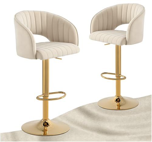 SDXYSTCE Samt Barhocker 2er Set - 63-83cm Höhenverstellbar Barstühle mit Rückenlehne Armlehne und Fußstütze - Drehbare Küchenhocker für Bar Esszimmer küche Theke Gold & Weiß