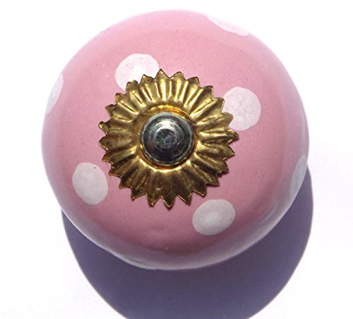 Pink Round with White Spots (Brass Fittings) Ceramic Cupboard Door knobs Drawer pulls Shabby Chic Handle Porcelain