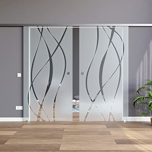 BM6-775-AS-DPL: Schiebetürsystem doppelflügelig ESG 2x775x2050x8mm Dekor M6, Siebdruck; Schienensystem ALU SlimLine SoftStop; Griffmuschel