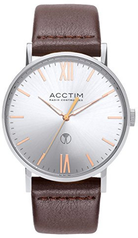 Acctim 60416 Sterling Dual Band Radio Controlled Watch Silver on Brown Leather