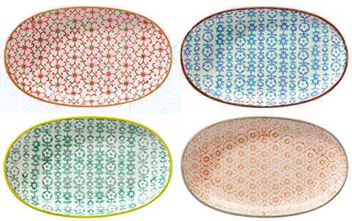 Bloomingville Piatto da Portata Carla Express - Ovale colorato L 21,5 x W 13 cm, Rosso Blu Verde Arancia, Ceramica Gres, Set da 4