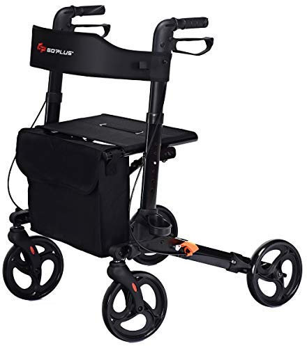 COSTWAY Lightweight Folding Rollator Walker with Seat, Dual Safety Brake, Adjustable Height, 4 Wheels Mobility Aids with Cane/Umbrella Holder & Removable Storage Bag (Black)