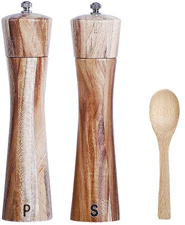Lot de 2 moulins à poivre et sel en bois (marque) Moulin à poivre manuel avec cuillère en bois, grossière réglable et grande capacité pour cuisine et barbecue.