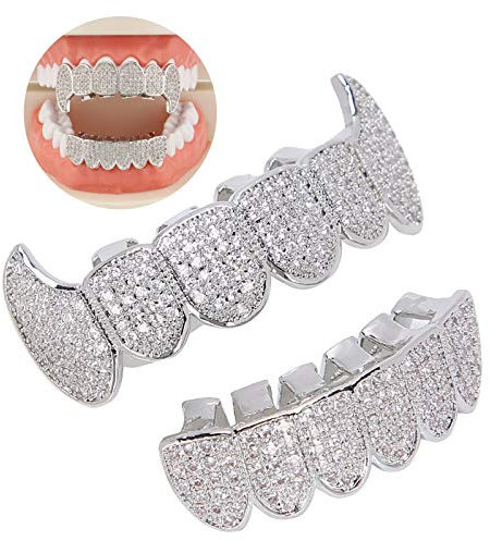 Hip Hop Grillz Zähne, Zähne Grillz für Männer Frauen Iced Out Hip Hop Poker Diamant Top & Bottom, Bling Grillz Zähne Dekoration für Mund oben unten Hip Hop Zähne Grills(Silber)