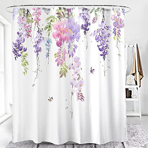 Vgzsyomqib Fleuri Rideau de Douche 3D Floral Anti Moisissure Imperméable Tissu Polyester Rideaux de Douche Fleur Baignoire Lavable en Machine avec 12 Crochet - 180x200 cm Blanc Violet Rose
