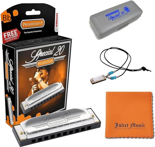 Hohner Harmonica Special 20 Key Bb Progressive Series 560PBXBb 10 Löcher, Bündel mit Hartschale, Mini Mundharmonika Halskette Julia Musik Poliertuch