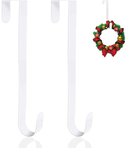 Christmas Wreath Hanger for Front Door, 15 Inch Christmas Wreath Door Hanger Metal Wreath Hanger Over Door Wreath Hook for Xmas Party Decor Door Wall Home Office (White)