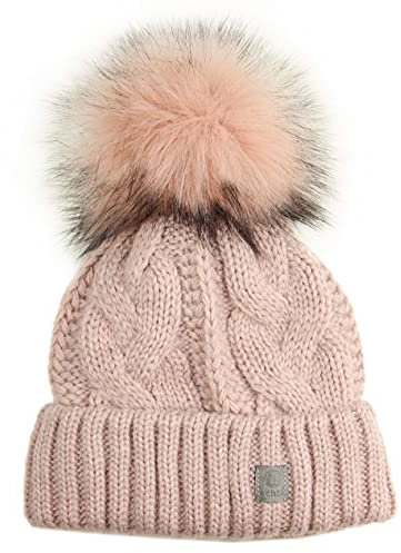 Ever Bloom Strickmütze Damen Zopfmuster, Beanie Mütze mit Kunstfell Bommel Abnehmbar, made in EU, Warme Wintermütze mit Fleece Innenfutter Hochwertig, Mütze Farben:Alt Rosa