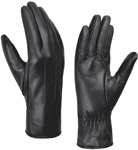 Harssidanzar Damens Lederhandschuhe Winter Warmes Kaschmirfutter Touchscreen Vintage Finished GL017EU,Schwarz, Größe S