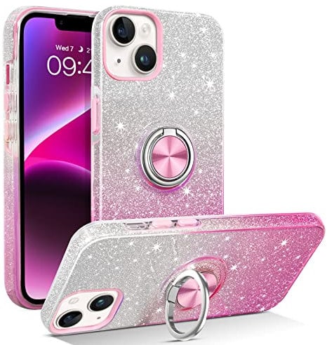DOMAVER Case for iPhone 14/iPhone 13, Slim Fit Glitter Sparkly with 360° Ring Holder Kickstand Magnetic Car Mount, Pink