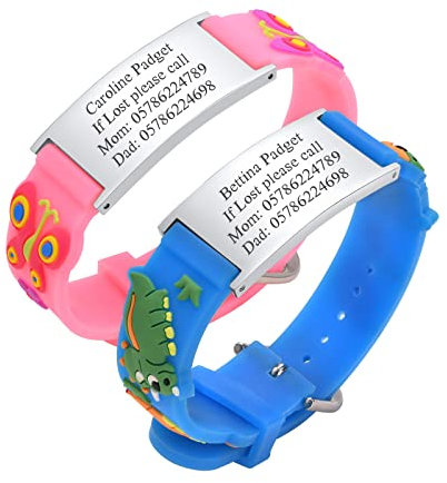 Personalisierte Sicherheitsarmband Kinder - 2 Stück Individuelle Edelstahl Tag & Rosa Blau Silikonband SOS Armband für Mädchen Jungen Kleinkind Gravur Kinder Anti-Verlust Notfall Armband ID Armbänder