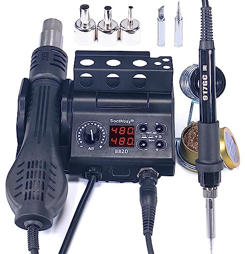 Soldering Iron Station, 2 in 1 Hot Air Gun Rework Station Kit, Soldering Station Kit with 3 Soldering Tips, 3 hot air nozzles, Calibration and Sleep Function