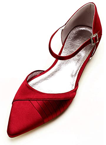 Women Satin Wedding Flats Shoes for Bride Pumps with Ankle Strap Ballet Flat Party Shoes Low Wedge Sandals Dress Flats Shoes Size 3-10 UK,Dark Red,10 UK