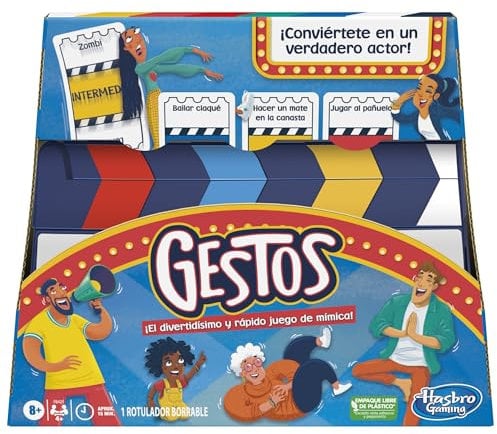 Hasbro Gaming Juego Gestos, Juego de Mímica para 4 o más Jugadores, Incluye Claqueta y Cartas Personalizables
