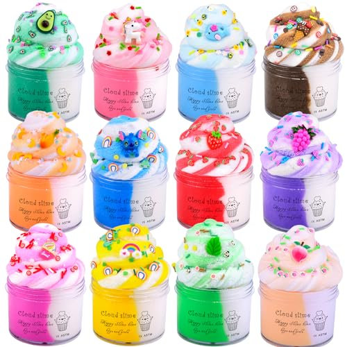 12 Pack Cloud Slime Kit with Cute Charms, Fluffy Slime for Girls Boys School Awards Valentine's Day Party Favor Supplies Birthday Easter Basket Stuffers for Kids