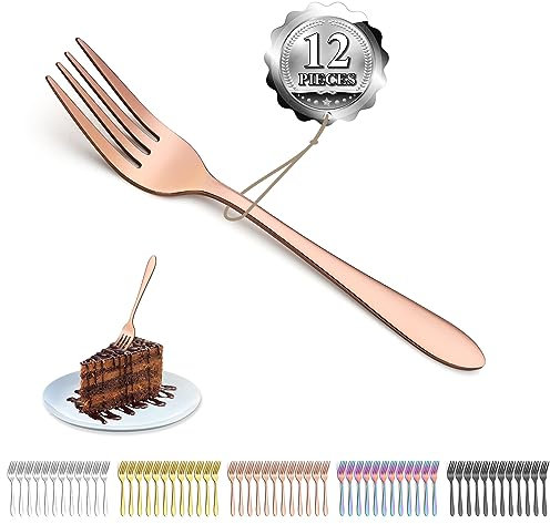 Kyraton Tenedores de postre de oro rosa 12 piezas 14cm Tenedores de postre de oro rosa chapados en titanio de acero inoxidable, tenedores de pastel, tenedores de frutas, cubiertos de horquilla