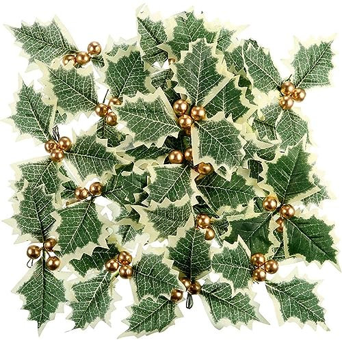 Yurosiay 30 Stück Weihnachtsbeeren Mit Grünen Blättern Künstliche Stechpalme Blätter Weihnachten Künstliche Stechpalmenbeeren Deko Mini Holly Berry für Geschenkbox Weihnachtskranz Tisch Gold