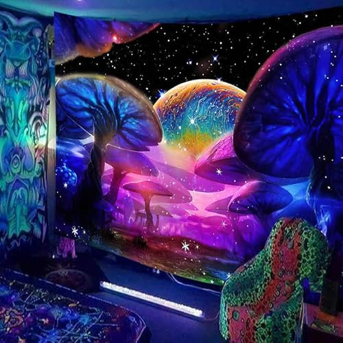 Ulticool – Pilze Mond Nacht - Glow in the Dark Wandteppich - Schwarzlicht under UV Reaktive Bright Black Neon Light - Blacklight Psychedelisch im Dunkeln Leuchtende Wandtuch - 200 x 150 cm