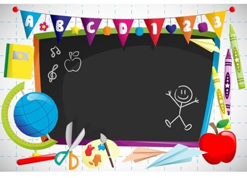 Leyiyi 1,5 x 0,9 m Vinyl-Fotohintergrund, Willkommen im Kindergarten, Cartoon-ABC-Buchstaben, schwarze Tafel, Aquarellstift, Papier, Flugzeug, Globus, Schulanfang, Motto-Party-Hintergründe, Banner
