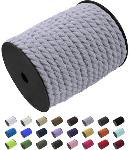 Uiopa Makramee Garn 10mm x 23m, Baumwollkordel Farbig Baumwollgarn Geflochten Baumwollseil, Natürliche Baumwollschnur für Wandbehang, Vorhang, Traumfänger, Hängepflanze, Deko (Hellgrau)