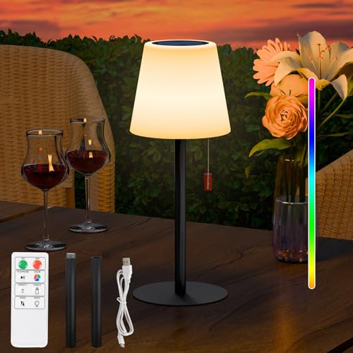 Postlucky Solar Tischlampe Outdoor Akku Tischleuchte Dimmbar Warmweiß und RGB LED Tischlampe Kabellos Solarladung/USB-Aufladbar Akku Tischlampe für InnenAußen Garten Terrasse