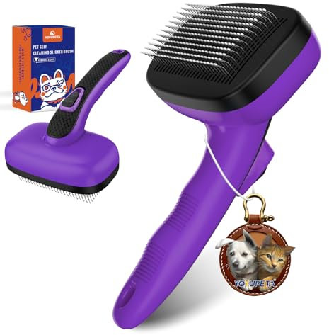 YOYUPETA Dog Self Cleaning Slicker Brush for Shedding, Ideal for Short Long Haired Dogs, Including Cat. Removes Loose Fur, Undercoat, Mats, Tangled Hair. Suit for Small Medium Large Animal, Purple