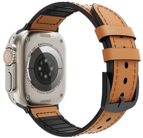 TiMOVO No Gap Leather Hybrid Silicone Band Compatible with Apple watch Ultra/Ultra2 49mm/Series 10/9/8/7/6/5/4/3/2/1/SE 42/44/45/46mm, Quick Release Genuine Straps for Women Men, Brown