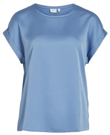 Vila Damen Satin Blusen T-Shirt Kurzarm Basic Rundhals Top Glänzend Tunika Blouse Oberteil VIELLETTE, Farben:Blau-4, Größe:38