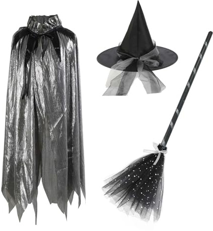 Golden Apple Halloween Witch Cape Witch Costume Set 120cm Cloak with Witch Hat and Magic Broom for Party Cosplay