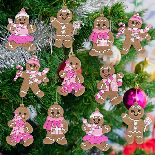 JarThenaAMCS 18Pcs Christmas Hanging Ornament Pink Gingerbread Candy Cane Pendant Charm Cute Tree Wall Hanging Decoration for Xmas Winter Party Supplies
