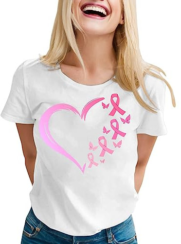 Tee Shirt Octobre Rose Femme Ruban Rose Cancer du Sein Octobre Rose T-Shirt Femme Cancer du Sein Sensibilisation Ruban Rose Octobre Cadeau T-Shirt Pas Cher Tee Shirt Octobre Rose (01 Blanc, XL)