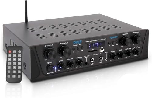 Pyle Bluetooth Amplifier Hifi - 500W Karaoke Mini Amp Wireless, 4 Channel Amplifier Stereo AV Receiver w/AUX IN, FM, USB, RCA Subwoofer OUT, Microphone IN w/Echo, Peak Power for 4-8 OHM Speaker
