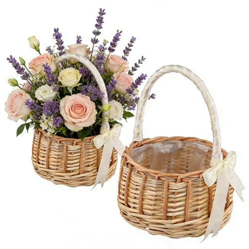 MUKSUET 2 PCS 8x15 cm Flower Baskets, Wicker Basket with Handle and Ribbon, Basket for Flower Arrangement for wedding Birthday Party Decoration