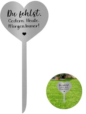 Grabstecker Edelstahl Grabschmuck Herz mit Spruch Du Fehlst. Gestern. Heute. Morgen. Immer! Grabdekoration Wetterfest Persönliche Friedhof Grabdeko Grabgestecke Grabschmuck Wetterfest Urnengrab 28cm