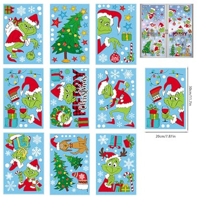 MUNSKT Weihnachts-Fensteraufkleber, lustige Cartoon-Figuren, grün-rot, mehrfarbig, Fensteraufkleber, Weihnachtsbaum, PVC-Aufkleber für Urlaub, Zuhause, Party, Dekoration, 9 Stück, wiederverwendbare