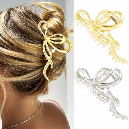 Reaky Metal Hair Claw Clips Gold Bow Hair Claws 2 Pcs Large Bowknot Claw Clips Pearls Hair Accessories for Women