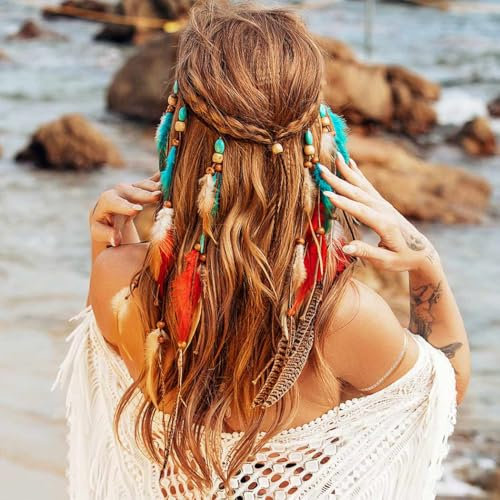 Zoestar Boho Feder Stirnband Federn Quaste Hippie Stirnbänder Indianer Tribal Kopfschmuck Festival Kostüm Haarschmuck für Frauen (Stil 2, Einheitsgröße)