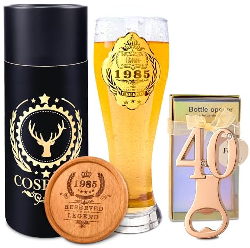1985 Cadeau 40 Ans Homme, Personnalisé Cadeau Anniversaire 40 Ans pour Pere Oncle, Verre à Bière 1985 580ml, 40 Nombre Bouteille Ouvre, Sous-verre en Bois, 1985 Decoration Anniversaire