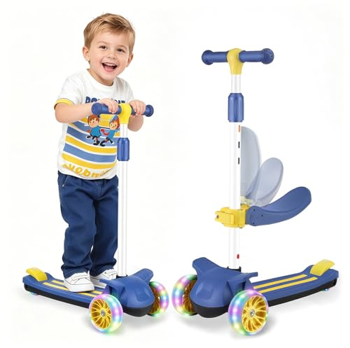 Wheelive Kinder Roller mit Abnehmbarem Sitz, 4 Höhenverstellbarer und faltbaren Design Kleinkinder Scooter Sitzen oder Stehen mit 3 LED-Rädern