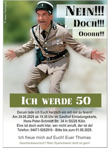 Einladungskarten zum Geburtstag, jedes Alter möglich 40 50 60 70, Wunschtext, selber gestalten, 10 Karten, DIN A6, Lustiges Retro Motiv