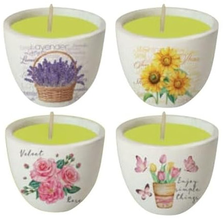 Set di 4 Candele Citronella in Terracotta, con Stoppino di Cotone, Olii Essenziali Certificati, Disegno: Lavanda, Girasoli, Rose e Tulipani