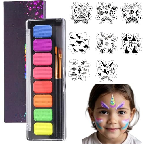 AYNKH - Kit de pintura facial para niños y adultos, paleta de colores arcoíris con 8 modelos reutilizables, pintura corporal para maquillaje de escena, carnaval, Navidad, Halloween